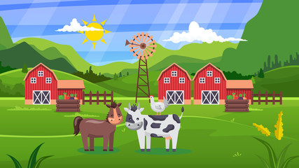 Summer rural landscape with cows and farm. Red barn in the field. Green trees on a cloudy sky background. Vector nature illustration design elements.