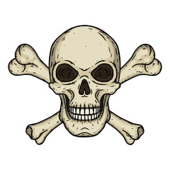 Skull with two crossed bones isolated on white background. Vector illustration in hand drawn style.