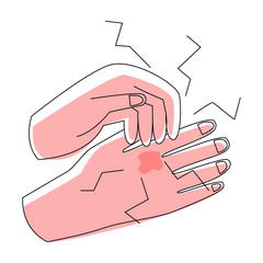 Vector flat illustration with isolated hands where one scratches other. Concept dermatological diseases, allergies, scabies, eczema. It can be used in banners, web design, posters, etc.