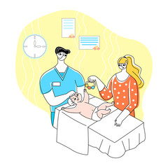 Vector flat illustration treatment of small baby by osteopathic doctor, chiropractor, physiotherapist. Concept  treatment children with alternative medicine, osteopathy.