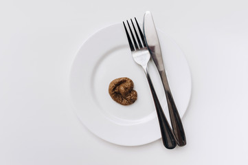 Plastic excrement of lies on a ceramic plate with fork and knife close-up on white tablecloths.The concept of an inept cook, fake news, a crappy restaurant, bad food, a taste of shit.Bad smelling joke