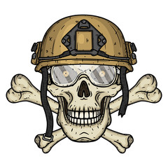 Skull in the helmet. Dead soldier. Vector Illustration.
