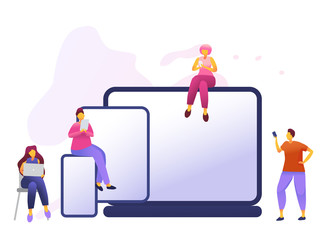 Cartoon icon with social media communication characters. that chat in phone, tablet, notebook with text babble.