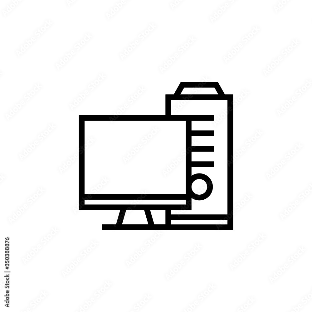 Poster full computer vector icon in linear, outline icon isolated on white background