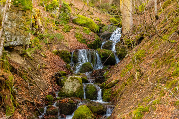A picturesque view of a small waterfall in a forest in the French Pyrenees mountains (Hautes-Pyrenees, France)