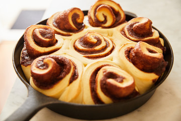 Cinnamon rolls in cast iron skillet
