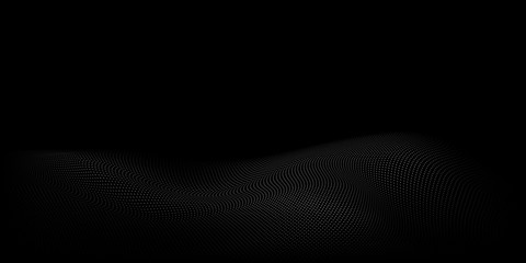 Abstract halftone background with wavy surface made of gray dots on black