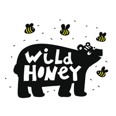 vector illustration bear with bees in doodle style with the inscription 