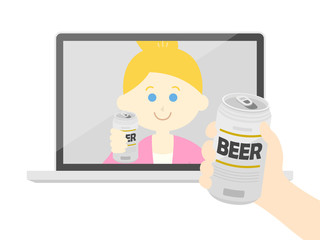 オンライン飲み会をする白人女性のイラスト