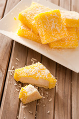 Tasty lemon lamingtons in close up view