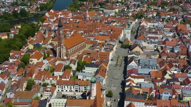Aerial view of the city Straubing in Germany, Bavaria on a sunny spring day during the coronavirus lockdown.