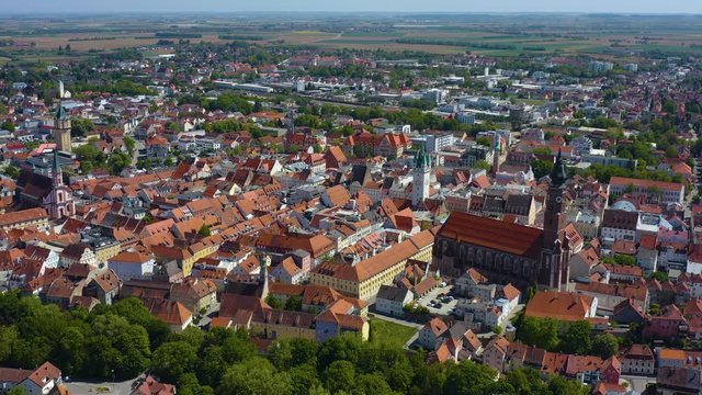 Aerial view of the city Straubing in Germany, Bavaria on a sunny spring day during the coronavirus lockdown.
