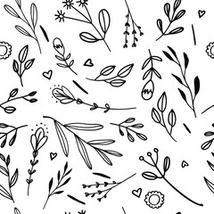 seamless black and white pattern hand-drawn flowers and herbs