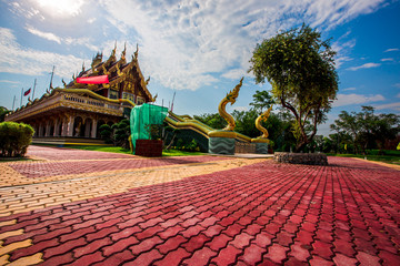 Background of Wat Pa Charoen Rat, Pathum Thani Province Dharma Practice Center 13, Buddhist people come to make merit, Khlong 11 (Sai Klang), Bueng Thonglang Subdistrict Lam Luk Ka District, Thailand - obrazy, fototapety, plakaty