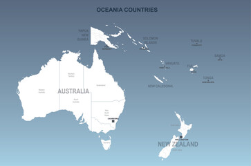 detailed oceania countries vector map.australia, new zealand and pacific islands country. south pacific islands.