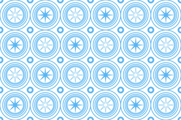 Blue seamless geometric pattern with sun, stars, a circle of lines. Vector repeating illustration.