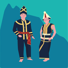 vector illustration of The KAAMATAN (hari kaamatan)festival:man and women KEDAZAN DUSUN dance - obrazy, fototapety, plakaty