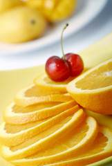 Red cherries on sliced oranges