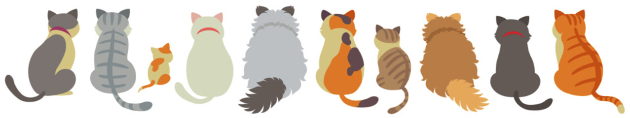 Back view of cute cats on white background. Vector illustration in flat cartoon style.