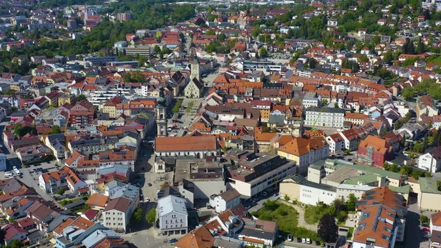 Aerial view of the city Deggendorf in Germany, Bavaria on a sunny spring day during the coronavirus lockdown.
