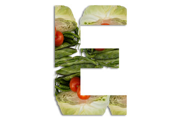 Vegetable alphabet letter E. Vegetable letters concept for design layout isolated with white background