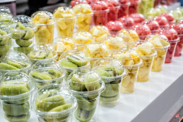 Healthy smoothie fruit cups street food at Myeongdong, Seoul, South Korea