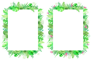 Colorful watercolor frame border with colorful tropical leaves