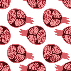 Abstract pomegranate fruit seamless pattern. Geometric red pomegranates wallpaper in doodle style on white background.