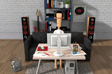 3D illustration We work at home. The guy at home is sitting at the computer. Grotesque cartoon image. 3D modeling