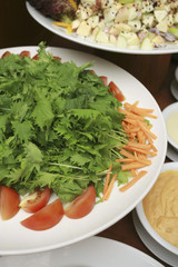 Celery leaves on plate with tomato slices and carrots at the side
