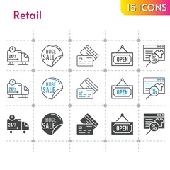 retail icon set. included online shop, sale, delivery truck, credit card, open icons on white background. linear, bicolor, filled styles.