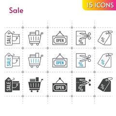 sale icon set. included shopping bag, voucher, price tag, shopping cart, open icons on white background. linear, bicolor, filled styles.