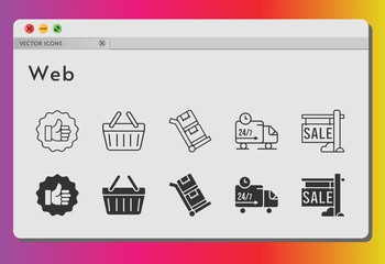 web icon set. included sale, like, shopping-basket, delivery truck, shopping basket, trolley icons on white background. linear, filled styles.