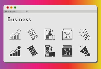 business icon set. included profits, shopping bag, megaphone, money, trolley icons on white background. linear, filled styles.