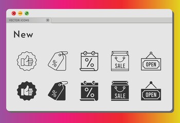 new icon set. included calendar, shopping bag, like, price tag, open icons on white background. linear, filled styles.