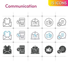 communication icon set. included newsletter, online shop, like, chat icons on white background. linear, bicolor, filled styles.