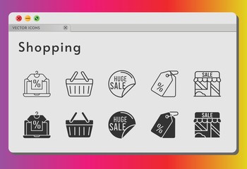 shopping icon set. included online shop, sale, shop, price tag, shopping-basket, shopping basket icons on white background. linear, filled styles.