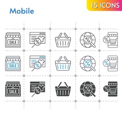 mobile icon set. included online shop, shop, shopping-basket, shopping basket, internet icons on white background. linear, bicolor, filled styles.