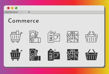 commerce icon set. included shopping bag, shop, money, shopping cart, shopping-basket, shopping basket icons on white background. linear, filled styles.