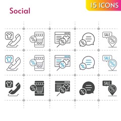 social icon set. included online shop, chat, phone call, placeholder icons on white background. linear, bicolor, filled styles.