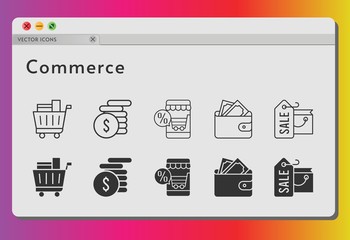 commerce icon set. included online shop, shopping bag, wallet, money, shopping cart icons on white background. linear, filled styles.