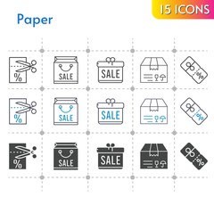 paper icon set. included gift, shopping bag, package, voucher, discount icons on white background. linear, bicolor, filled styles.