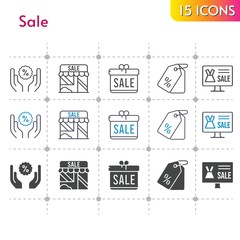 sale icon set. included gift, online shop, shop, price tag, discount icons on white background. linear, bicolor, filled styles.