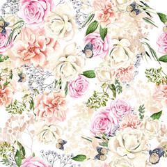 Beautiful watercolor pattern with roses and peony flowers, leaves and butterflies. 
