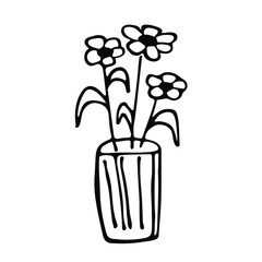 black and white daisies in a glass, Sketch of glass vase with daisies. faceted glass, chamomile, camomile, daisies, daisy, simple, herbal, decorative, home,