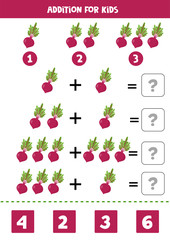 Addition with beetroot. Solve the equation. Math game for children.