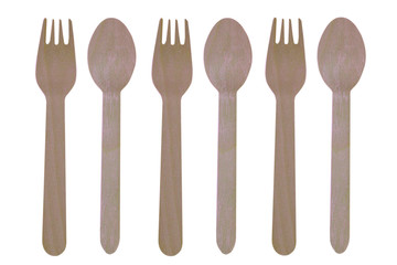 Wooden kitchen utensils on white background, spoon and fork on white.