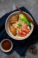 
Delicious Chinese noodles with chicken wings 