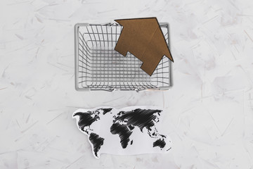 helping businesses after the global lockdown, shopping bags with world map and house icon