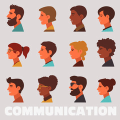 Group of happy smiling young people speaking together. Male and female faces avatars in modern design style. Communication, teamwork, assistance and connection vector concept